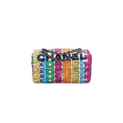 CHANEL RAINBOW QUILTED NYLON MEDIUM LOGO FLAP GOLD HARDWARE AS2897 (24.5*15*5cm)
